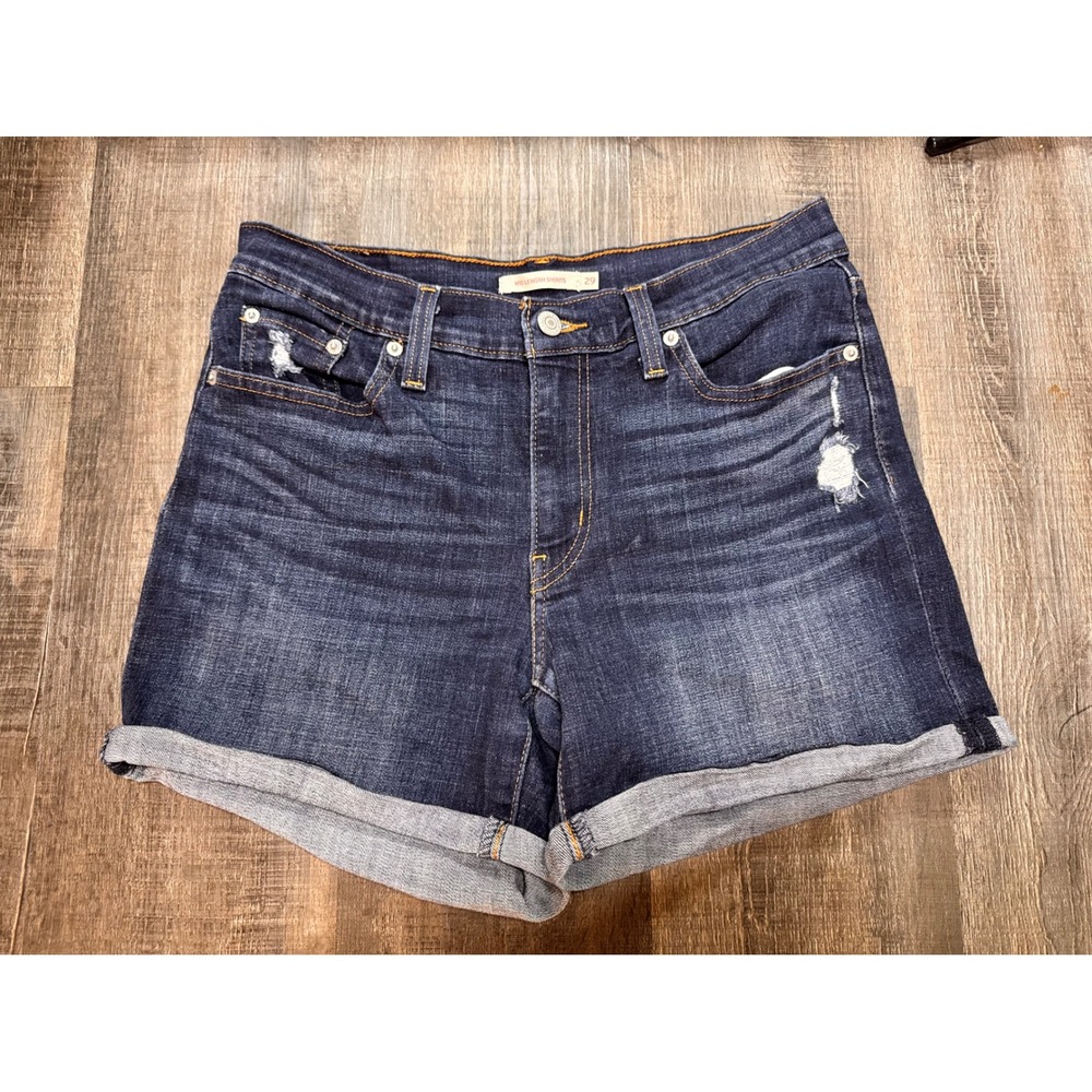 Levis Womens Mid Length Denim Shorts Dark Wash Distressed Cuffed 29 29965-0123